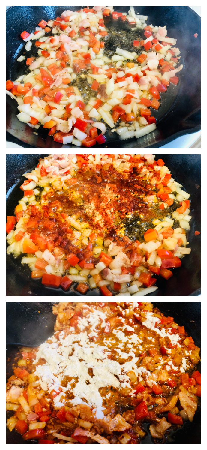 collage image of ingredients being cooked down in a skillet to create a sauce