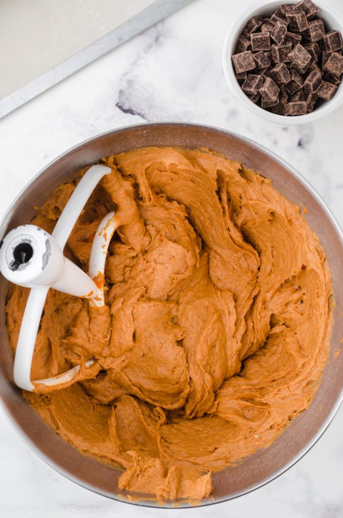 cake mix and pumpkin puree in a mixing bowl