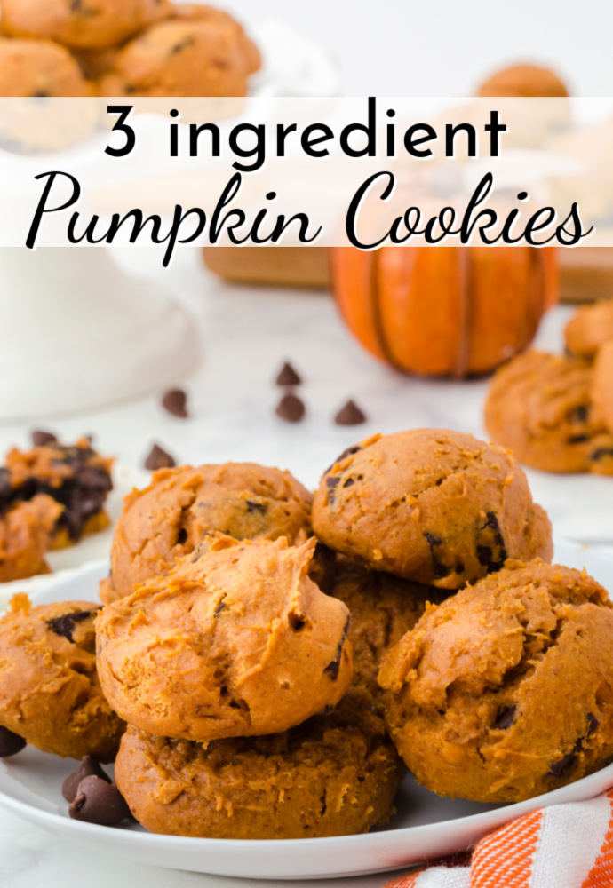 plate of orange cookies with chocolate chunks and platter of more in the background; text label reads: 3 ingredient pumpkin cookies