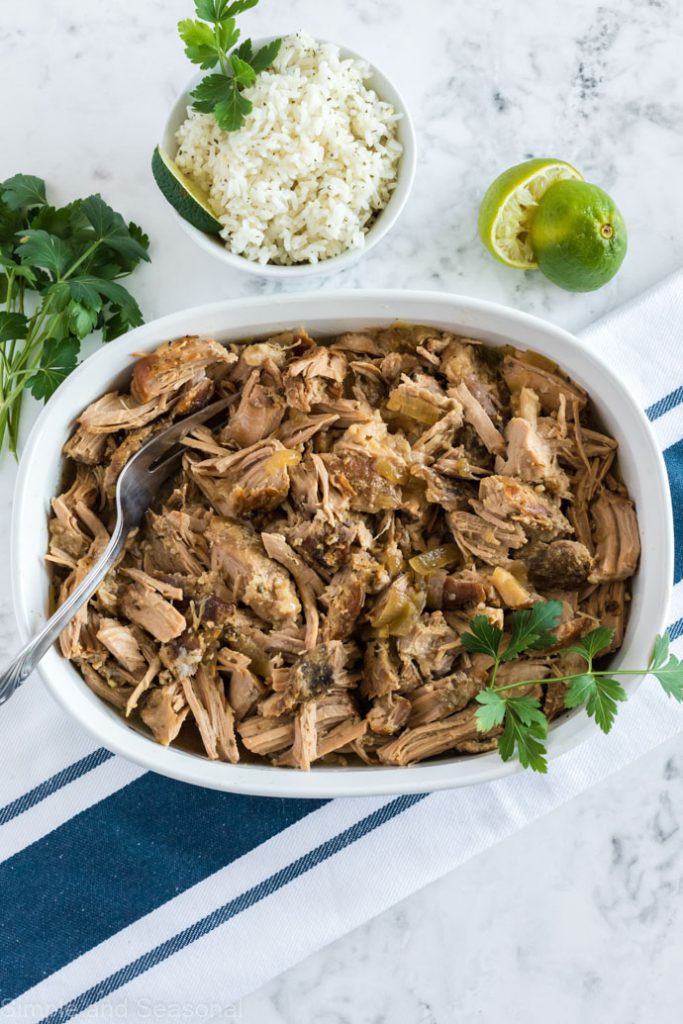 full serving dish of cooked Slow Cooker Cuban Pork