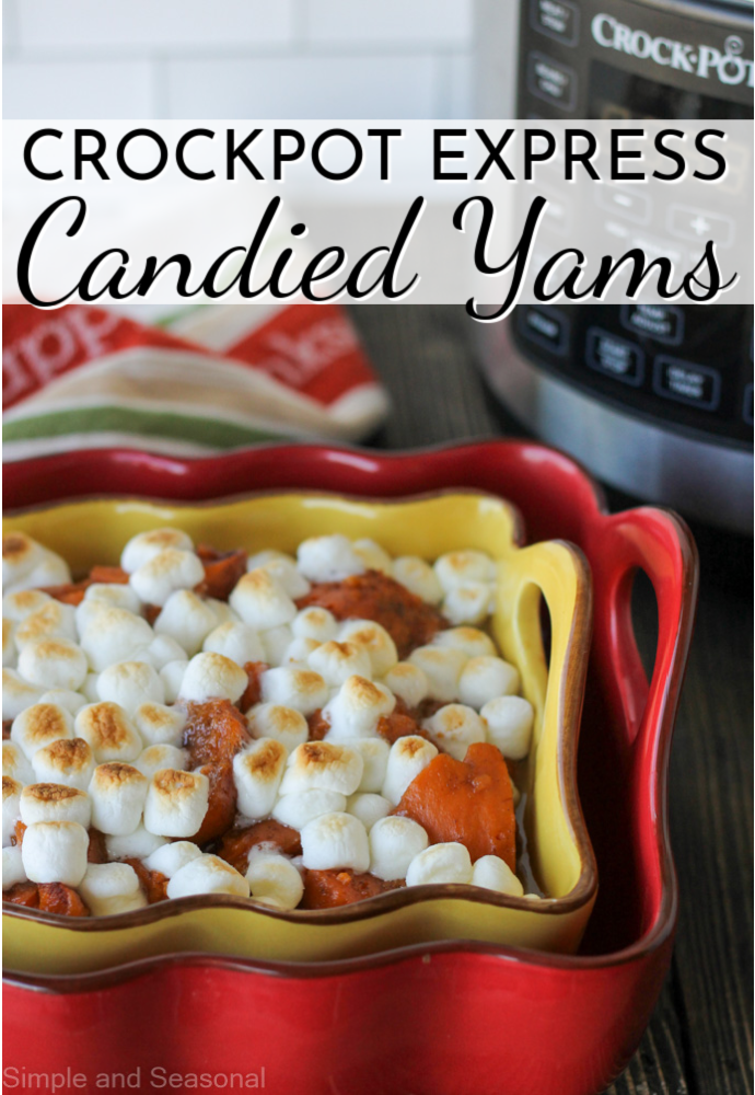 red and yellow serving dish filled with cooked sweet potatoes; text label reads Crockpot Express Candied Yams