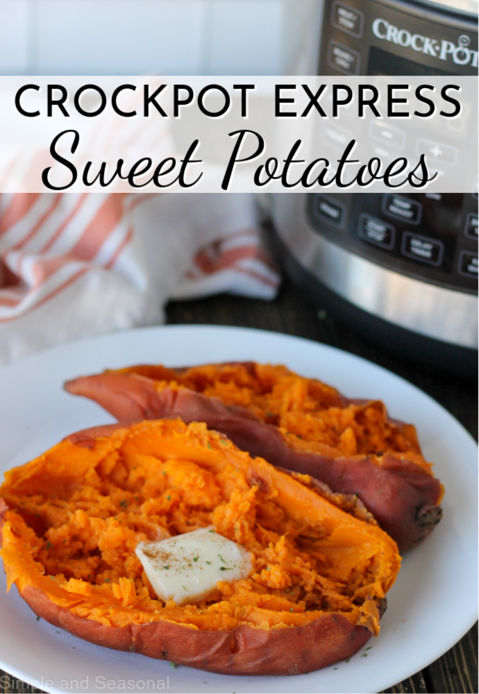 two cooked sweet potatoes on a plate with Crocpkot Express in the background