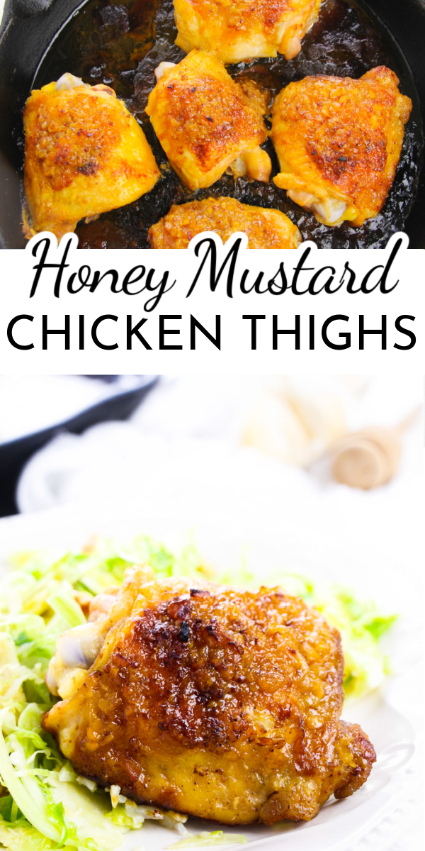 Seared in a skillet and then baked with a delicious sauce, Honey Mustard Chicken Thighs are perfect for any weeknight family dinner. via @nmburk