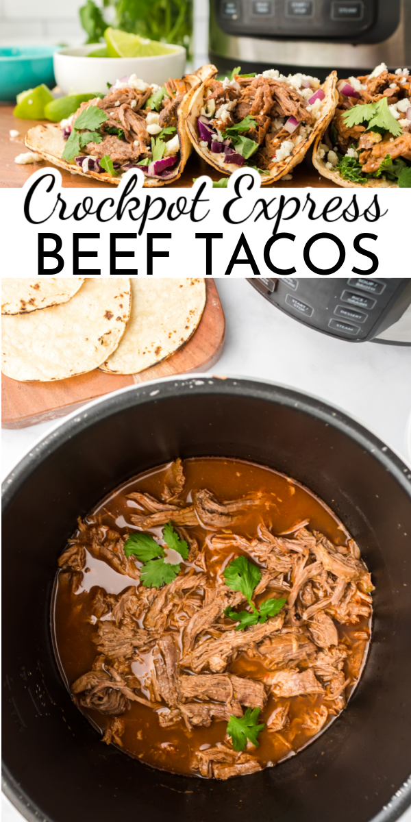Using just 5 ingredients, you can spice up Taco Tuesdays with this easy Crockpot Express Shredded Beef Tacos recipe! via @nmburk