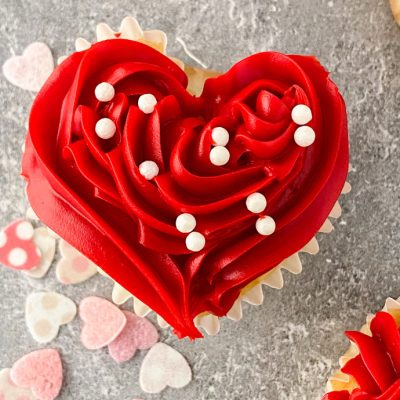 closeup of red heart cupcake
