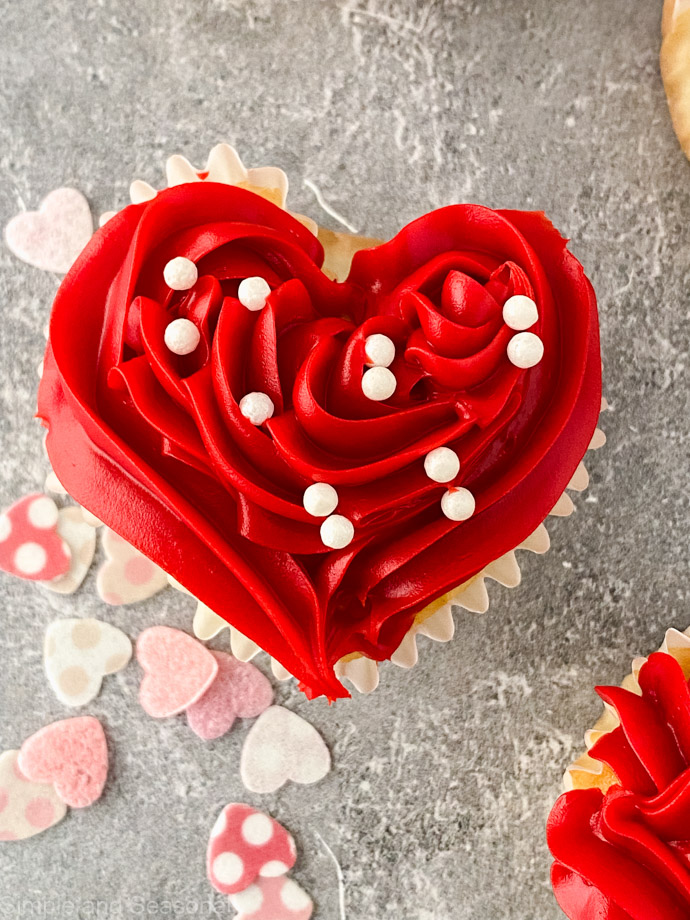 closeup of red heart cupcake