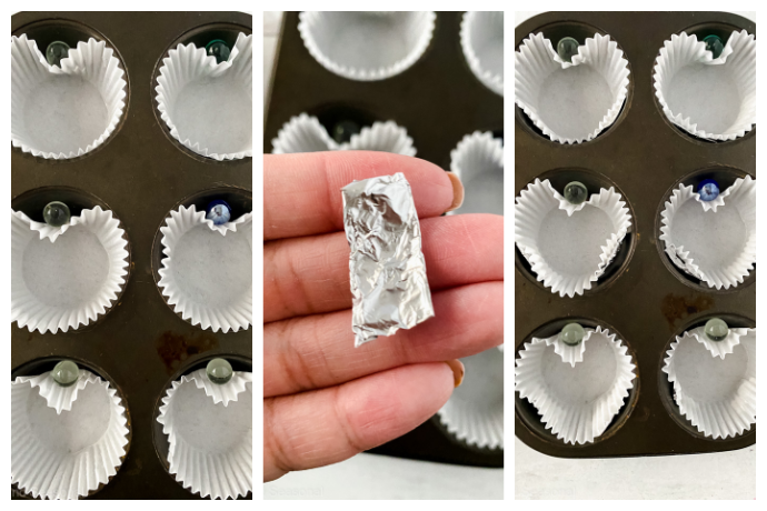 collage image showing steps to shaping heart cupcakes