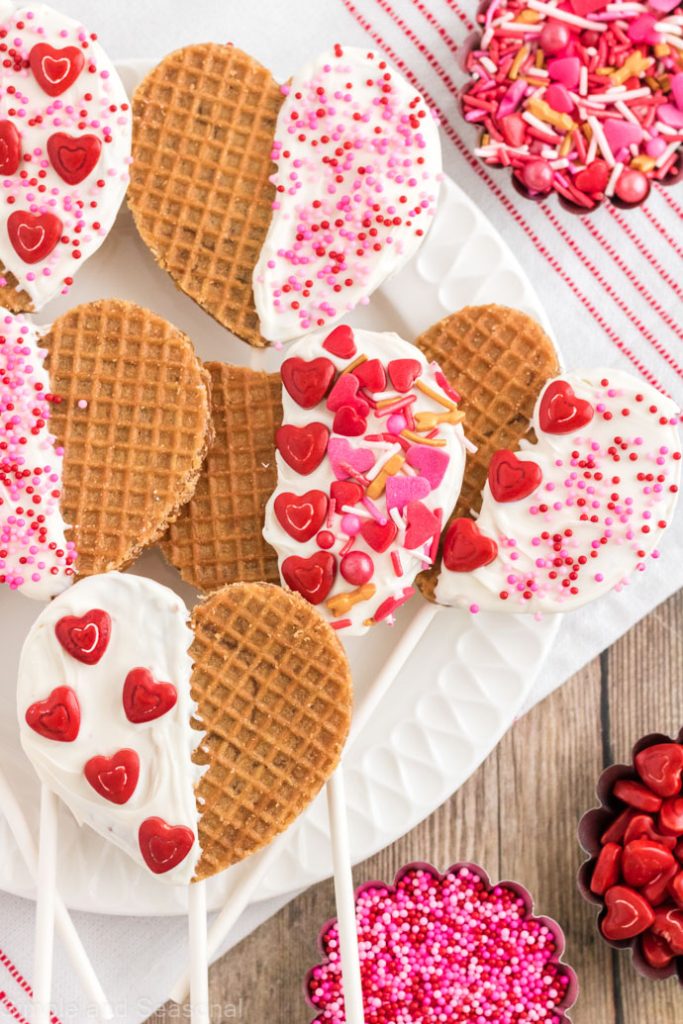 valentine's day waffle pops served on a white tray with red and white napkin