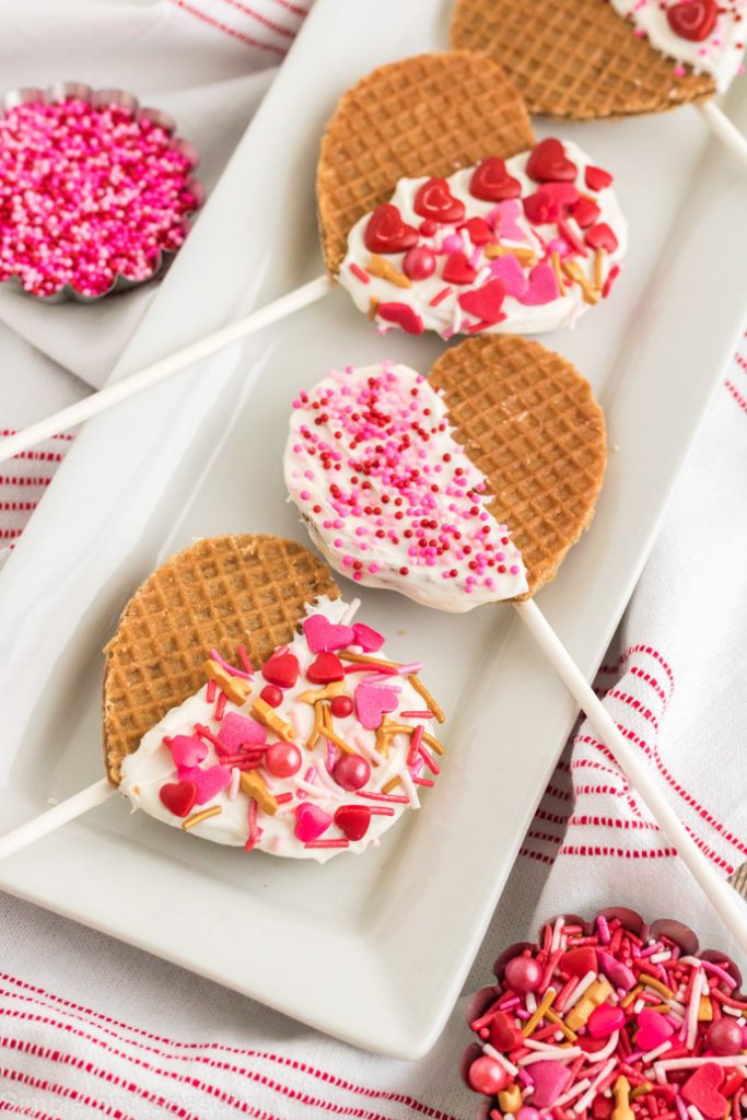 valentine's day waffle pops on white serving tray