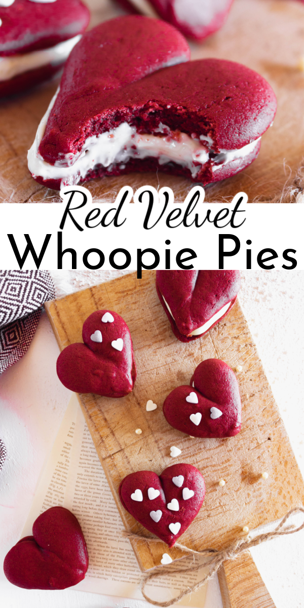 These heart shaped Red Velvet Whoopie Pies are perfect for Valentine's Day! The homemade batter and delicious cream cheese filling make them a special party treat. via @nmburk