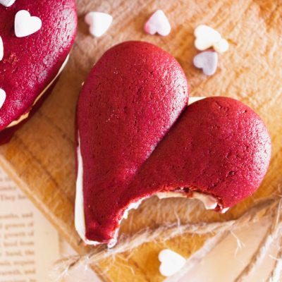 heart shaped whoopie pie with a bite taken out of it