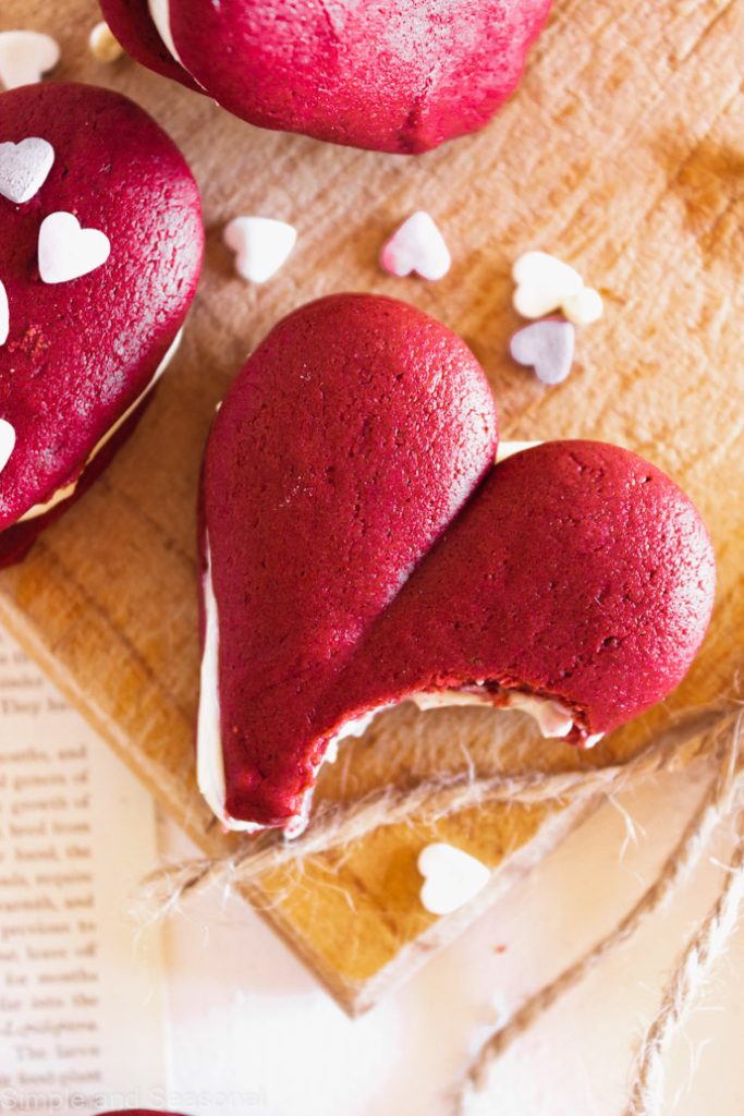 heart shaped whoopie pie with a bite taken out of it