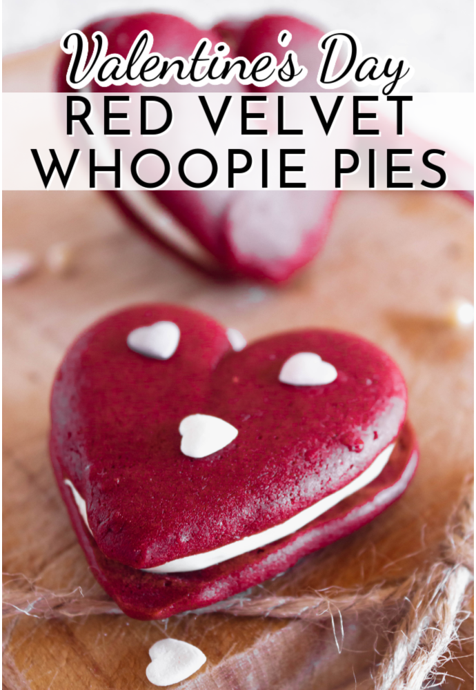 heart shaped whoopie pie on a wooden tray; text label reads: Valentine's Day Red Velvet Whoopie Pies