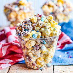 sweet and salty snack mix in a cup with red white and blue decor