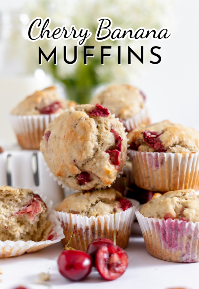stack of muffins on a table; text overlay reads Cherry Banana Muffins