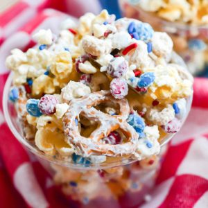 closeup of cup with sweet and salty snack mix