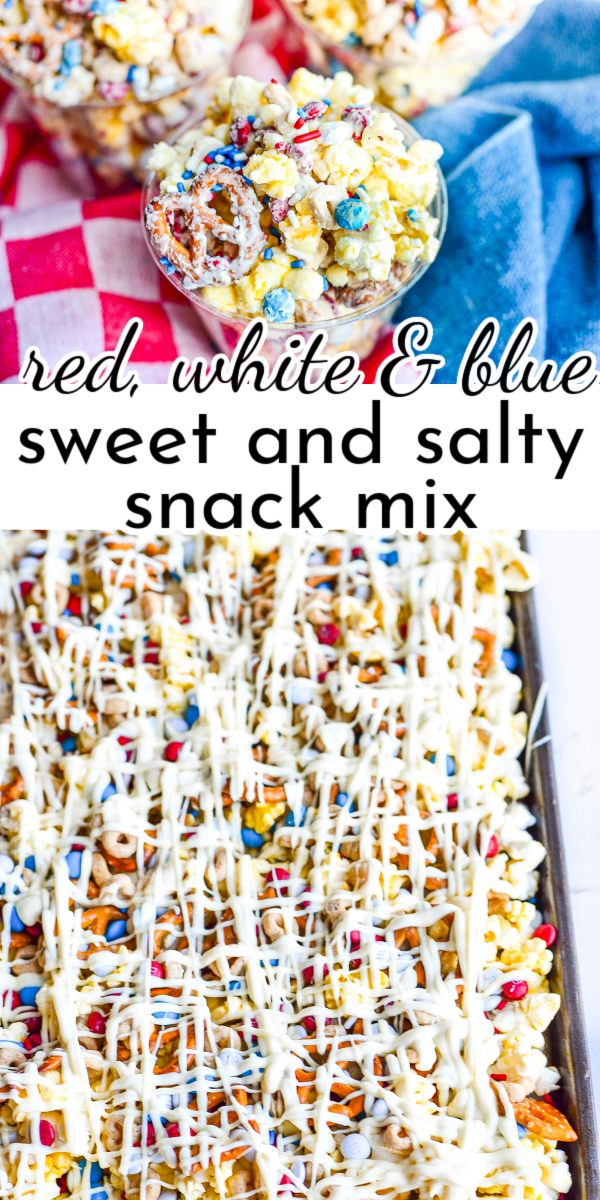 This sweet and salty snack mix is perfect for 4th of July, and can easily be changed up for any holiday or party theme! via @nmburk