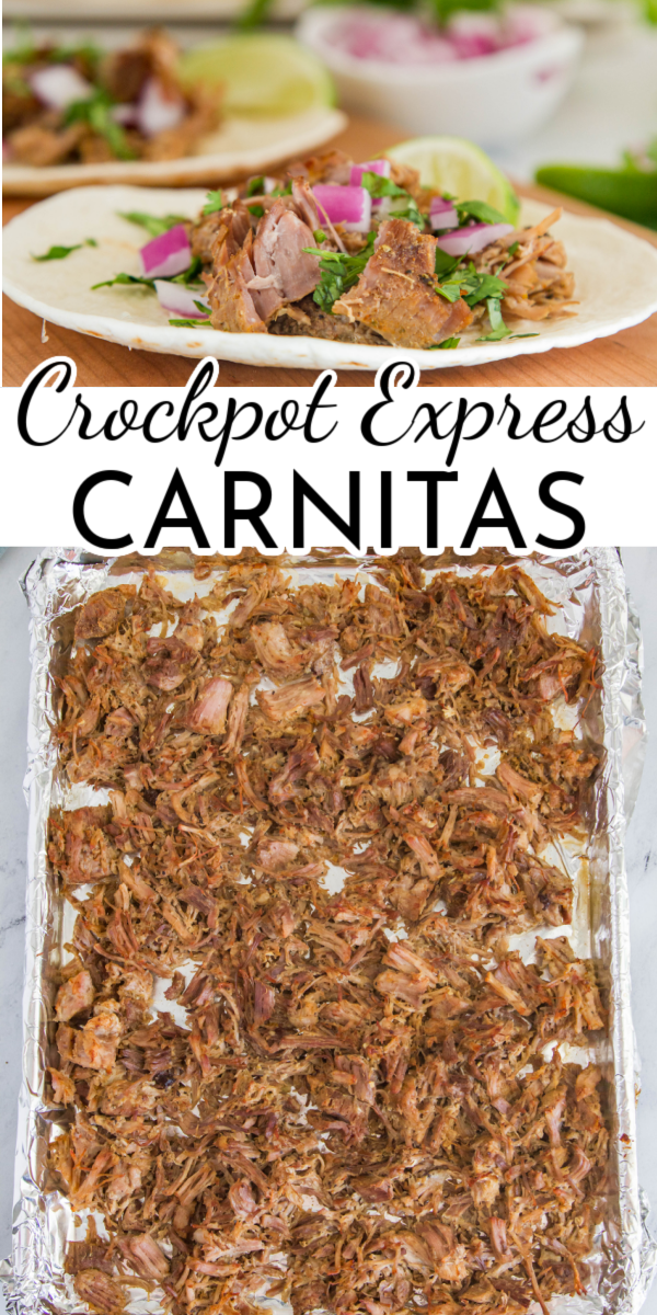 Featuring tender, flavorful pork with perfect crispy edges, this Crockpot Express Carnitas recipe cuts down cook time by hours!  via @nmburk
