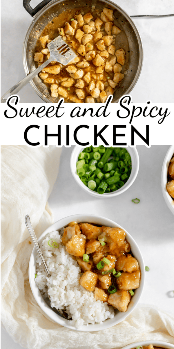 Sweet and Spicy Chicken is made with a sauce that's the perfect mix of heat and sweet. Made in just one pan, it's an easy weeknight dinner that's better than take out! via @nmburk