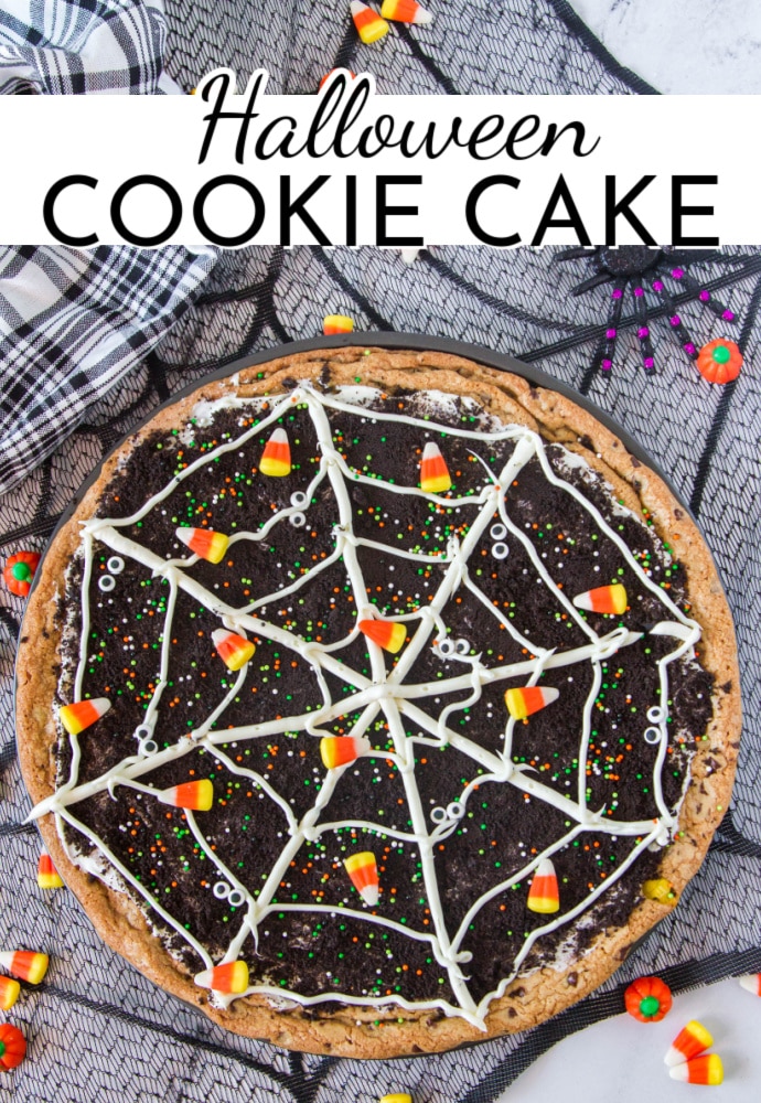 top down view of cookie decorated like spider web; text overlay reads Halloween Cookie Cake.