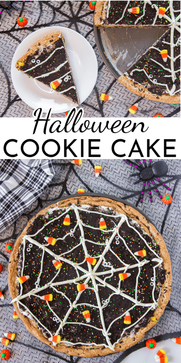 With delicious candy toppings and spiderweb icing, this chocolate chip Halloween Giant Cookie Cake is the perfect mix of spooky and sweet! via @nmburk