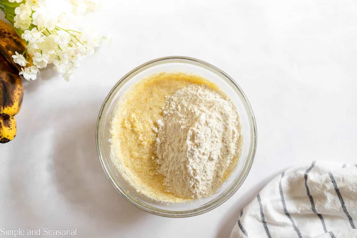 dry ingredients added to wet in a bowl