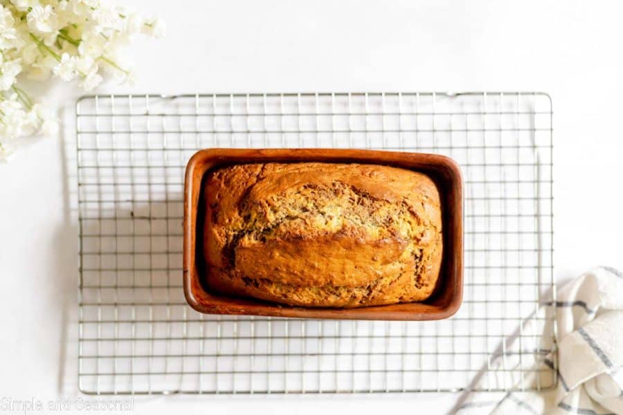 baked loaf of cinnamon swirl banana bread