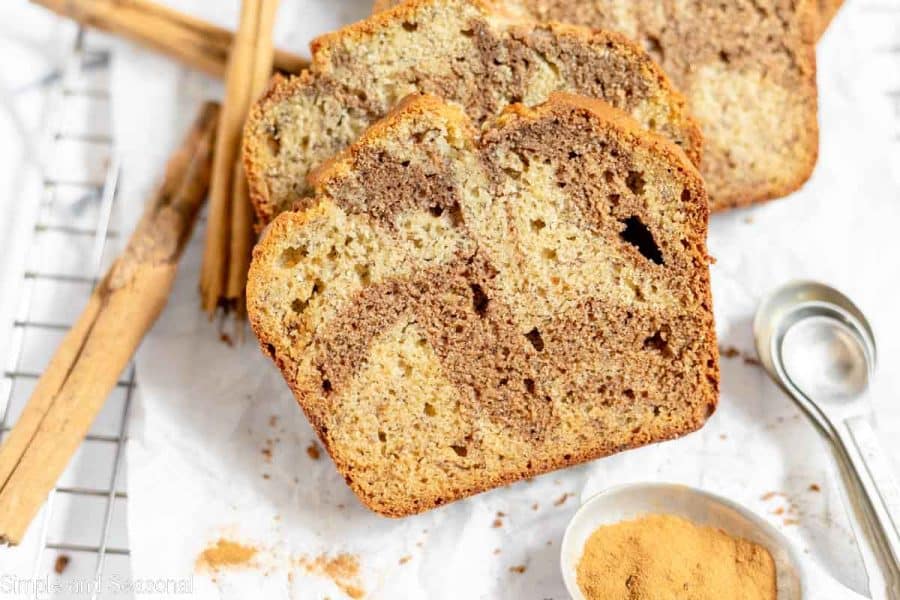 baked banana bread slice with cinnamon in a spoon