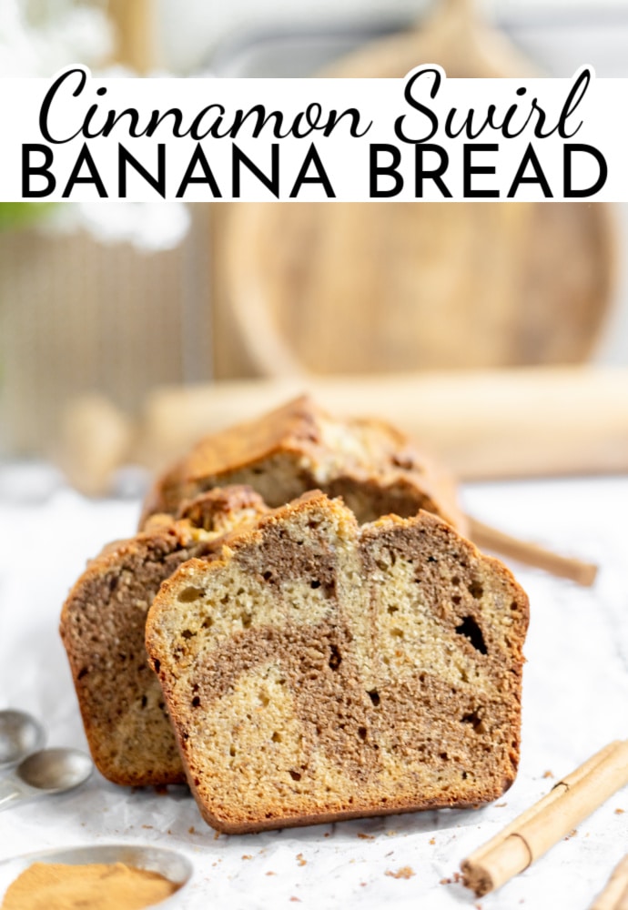 close up of a slice of banana bread with cinnamon swirled inside