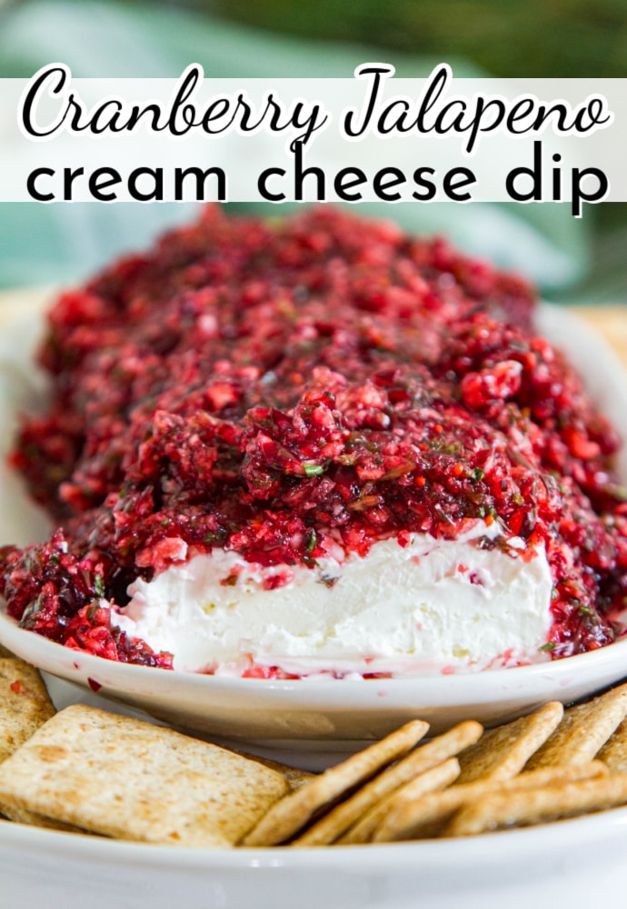 cream cheese block covered in salsa; text overlay reads Cranberry Jalapeno cream cheese dip.