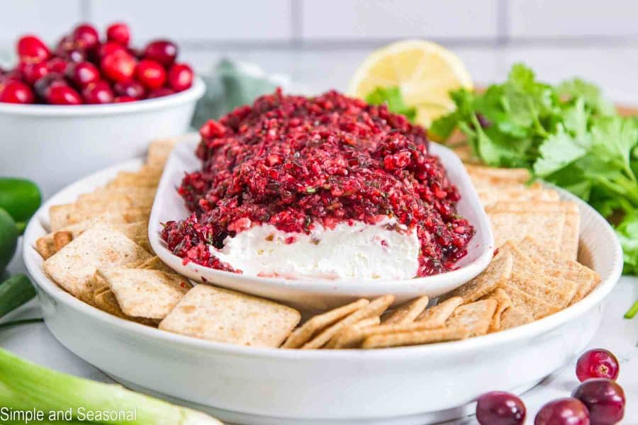 whole platter of crackers with cranberry jalapeno dip
