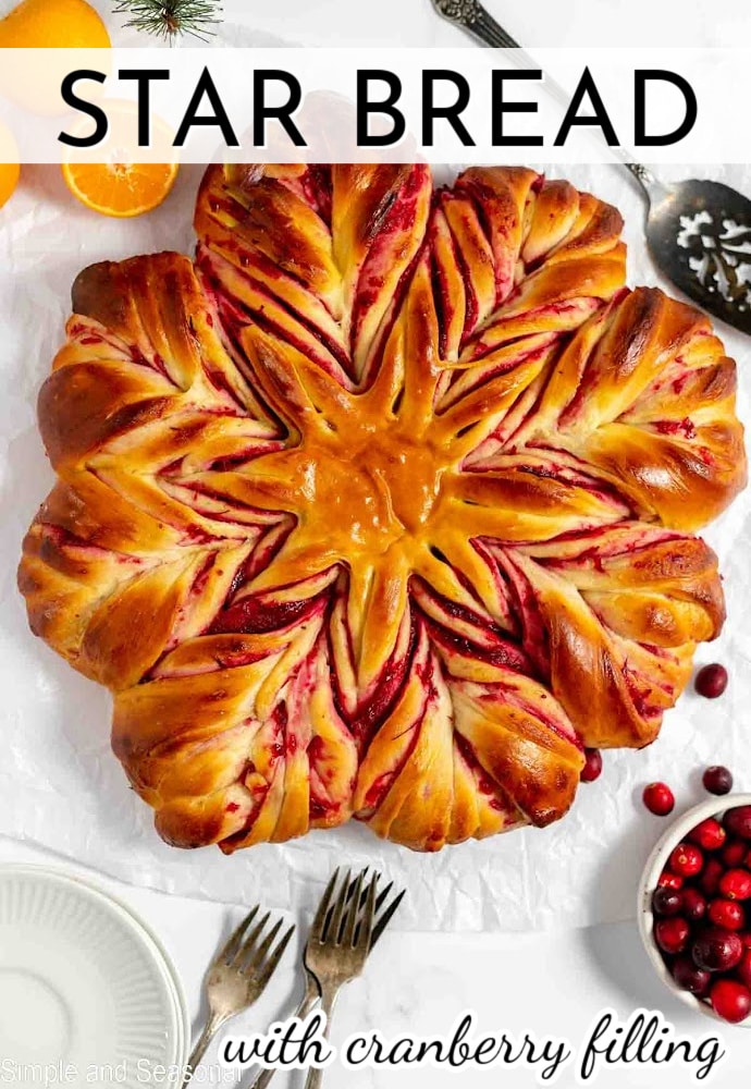 top down view of baked star bread on white background; text overlay reads Star Bread with cranberry filling.