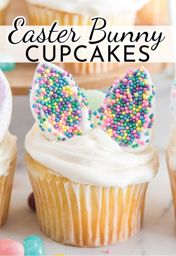 front view of cupcake with easter bunny ears; text label reads Easter Bunny Cupcakes