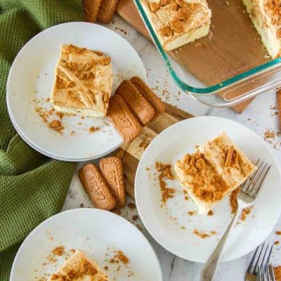 top down view of cake in pan and slices on plates, surrounded by Lotus Biscoff cookies