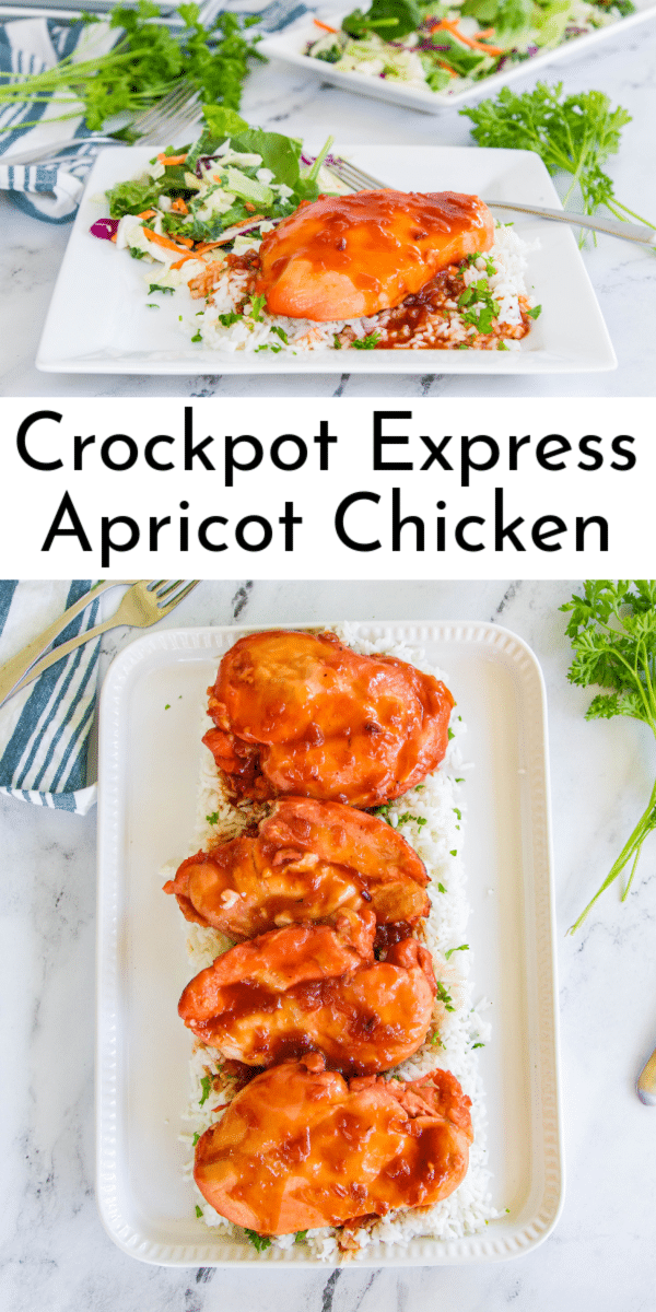 Make Crockpot Express Apricot Chicken in no time! This savory-sweet dish with chicken, onion soup mix, and apricot preserves is cooked to perfection in a pressure cooker. via @nmburk