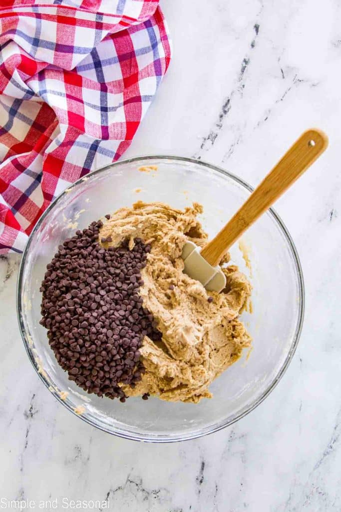chocolate chips added to batter with spatula