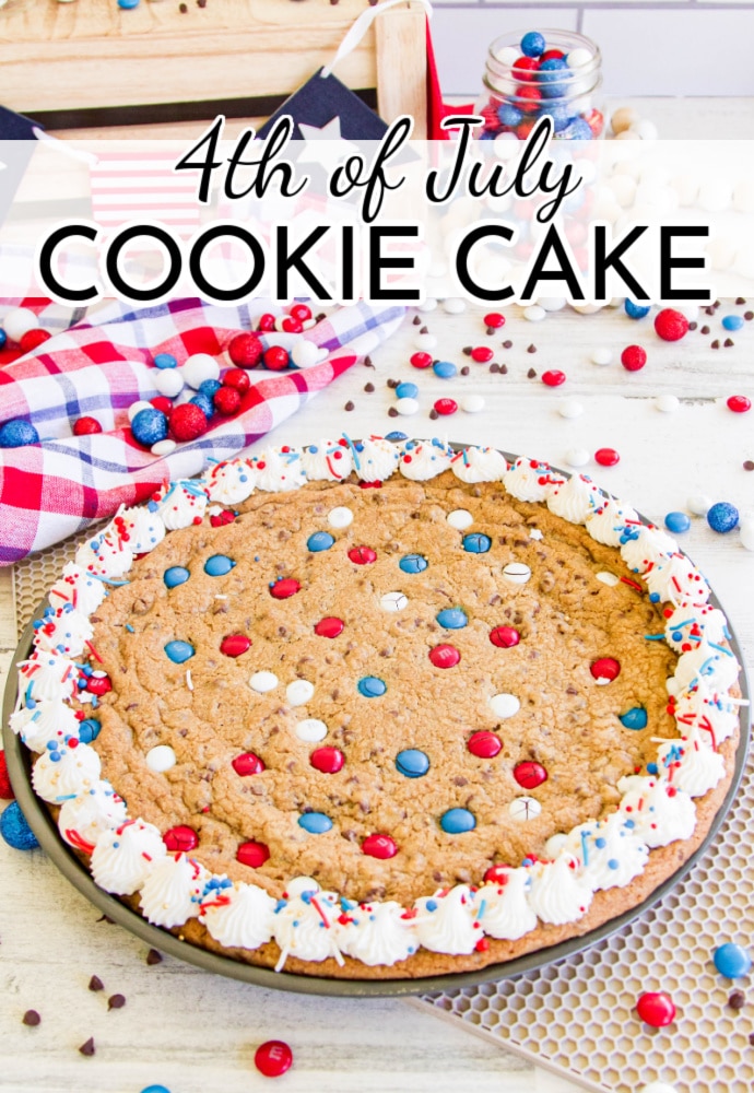 giant cookie baked on a pizza pan and decorated with red, white and blue candies