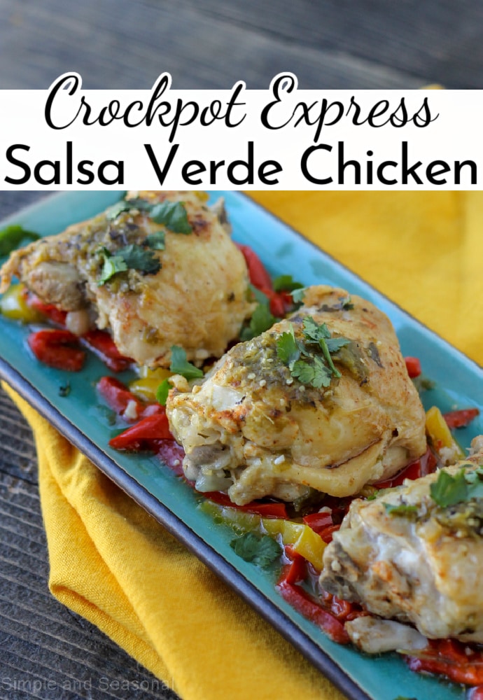 cooked chicken with peppers on a blue plate with yellow napkin in the background