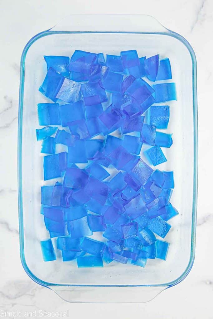 blue jello cut in cubes