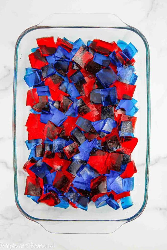 red and blue jello together in 9x13 glass pan