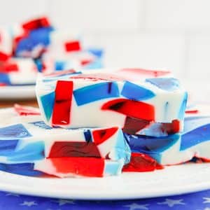 red, white and blue gelatin square on white plate