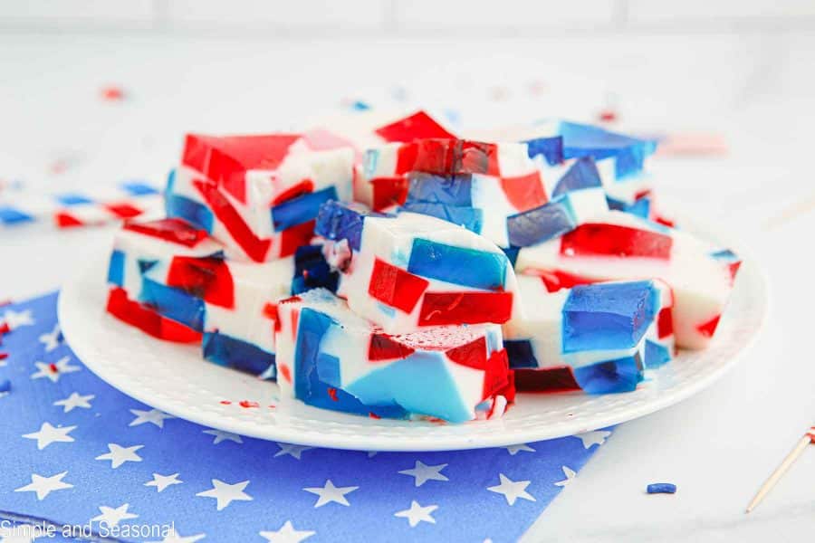 cut slices of red, white and blue broken glass jello