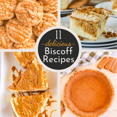 collage image of 4 different recipes; text label reads: 11 delicious Biscoff Recipes