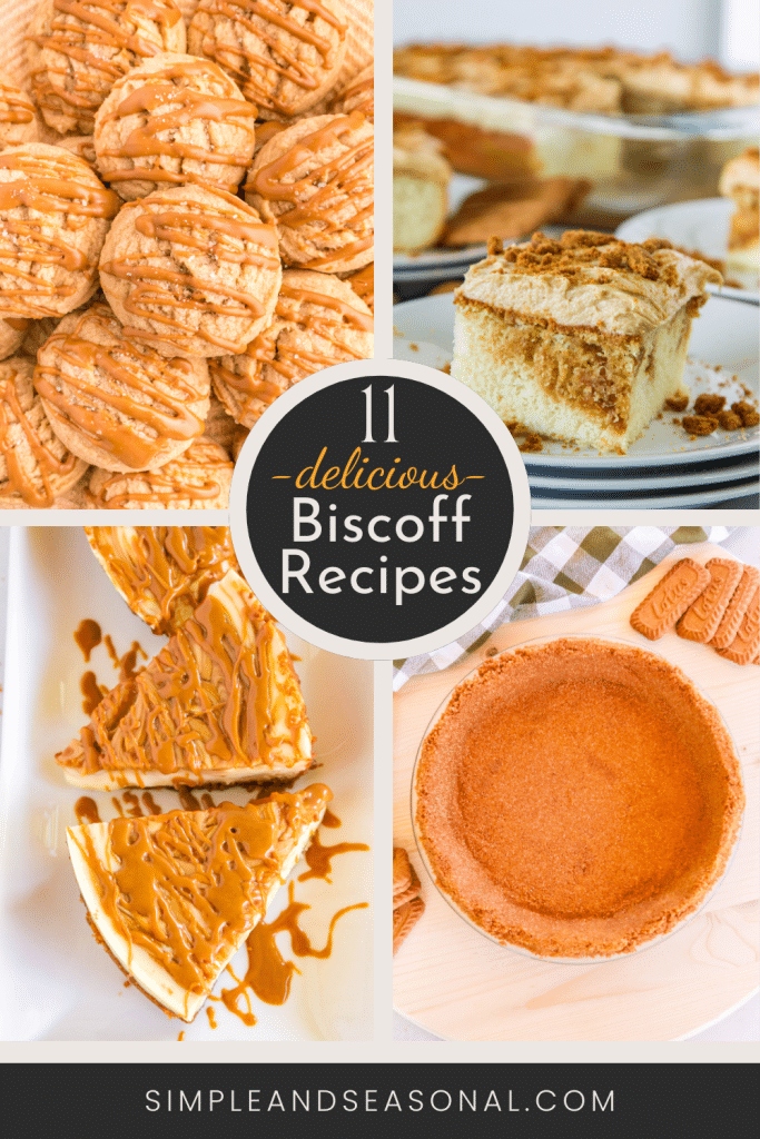 collage image of 4 different recipes; text label reads: 11 delicious Biscoff Recipes