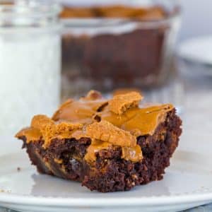 closeup of brownie square topped with cookie butter and cookie pieces