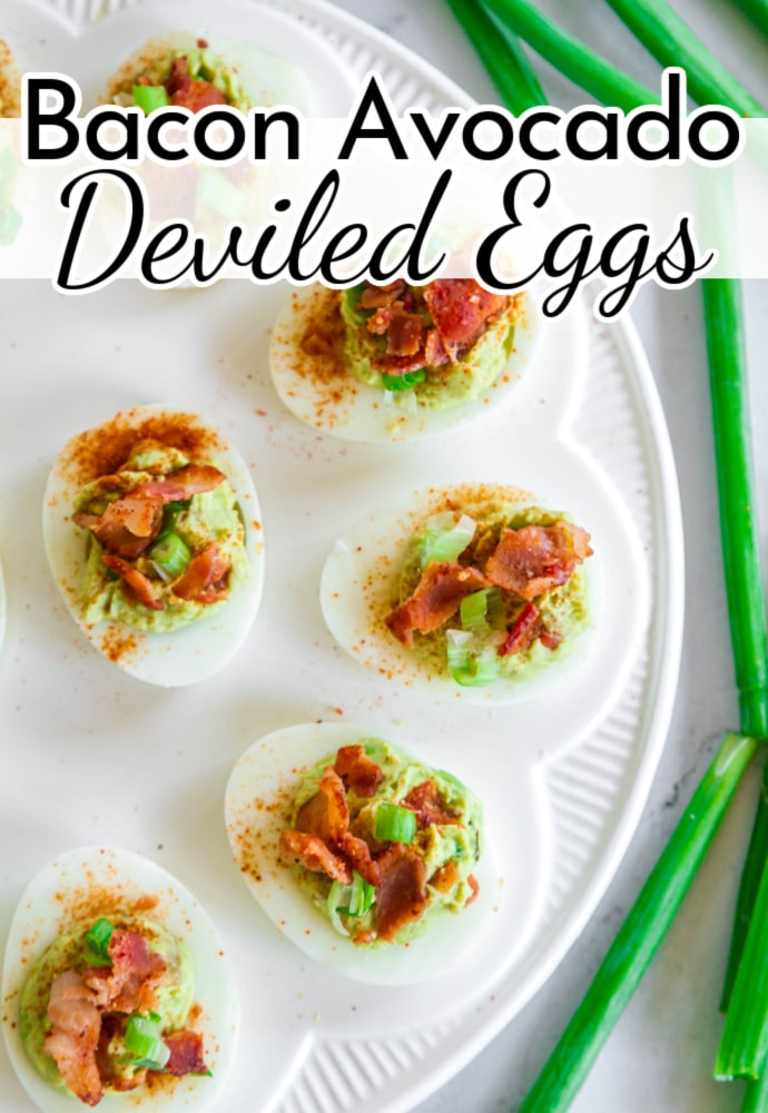 egg tray with prepared eggs; text label reads Bacon Avocado Deviled Eggs