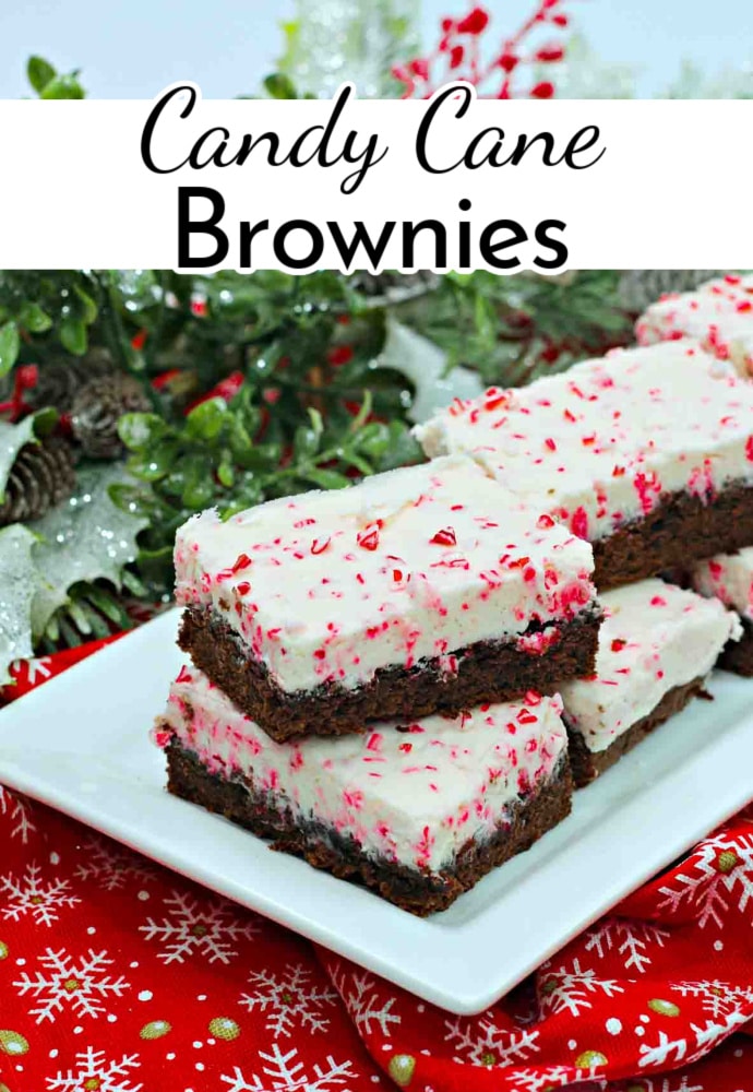 Plate of brownies with whipped candy cane frosting; text label reads Candy Cane Brownies