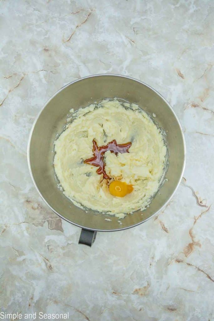 creamed butter and sugar in mixing bowl with egg and vanilla added