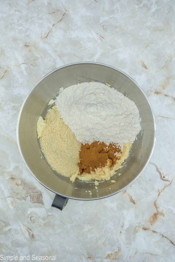 dry ingredients added to wet in mixing bowl
