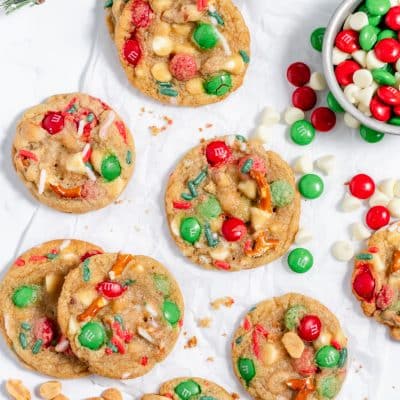 top down view of baked kitchen sink cookies with extra red and green M&M's on the side